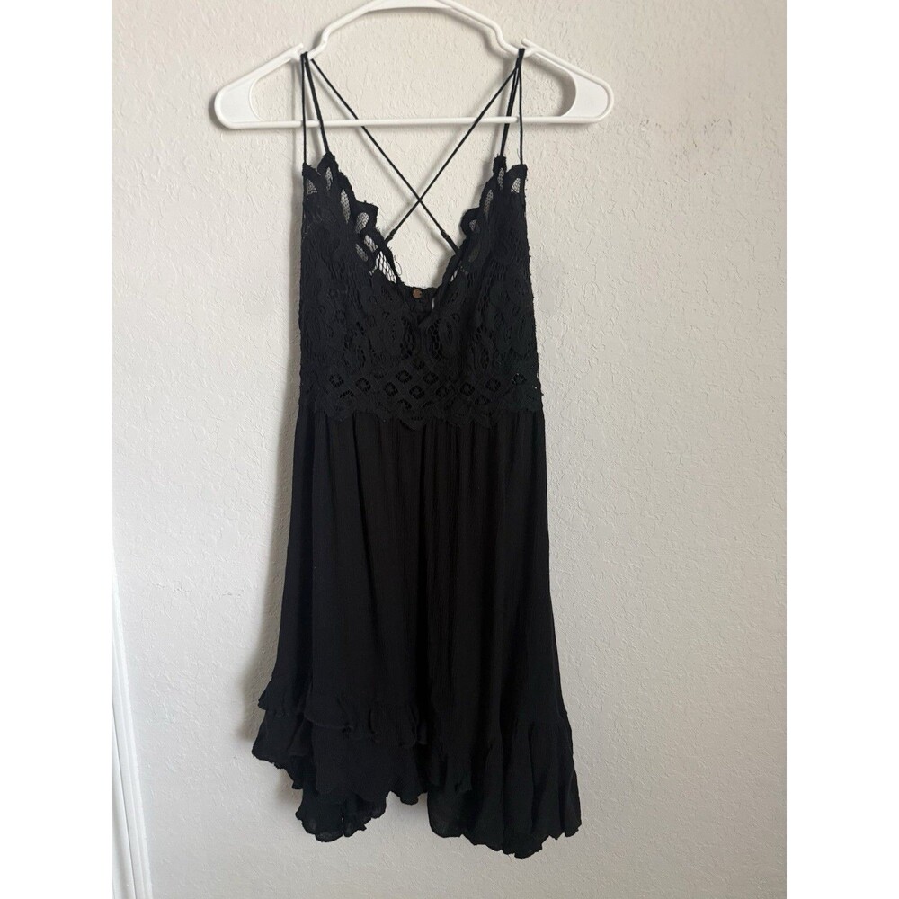 Free People FP One Adella Mini Dress Black Crochet Lace Boho Smocked S